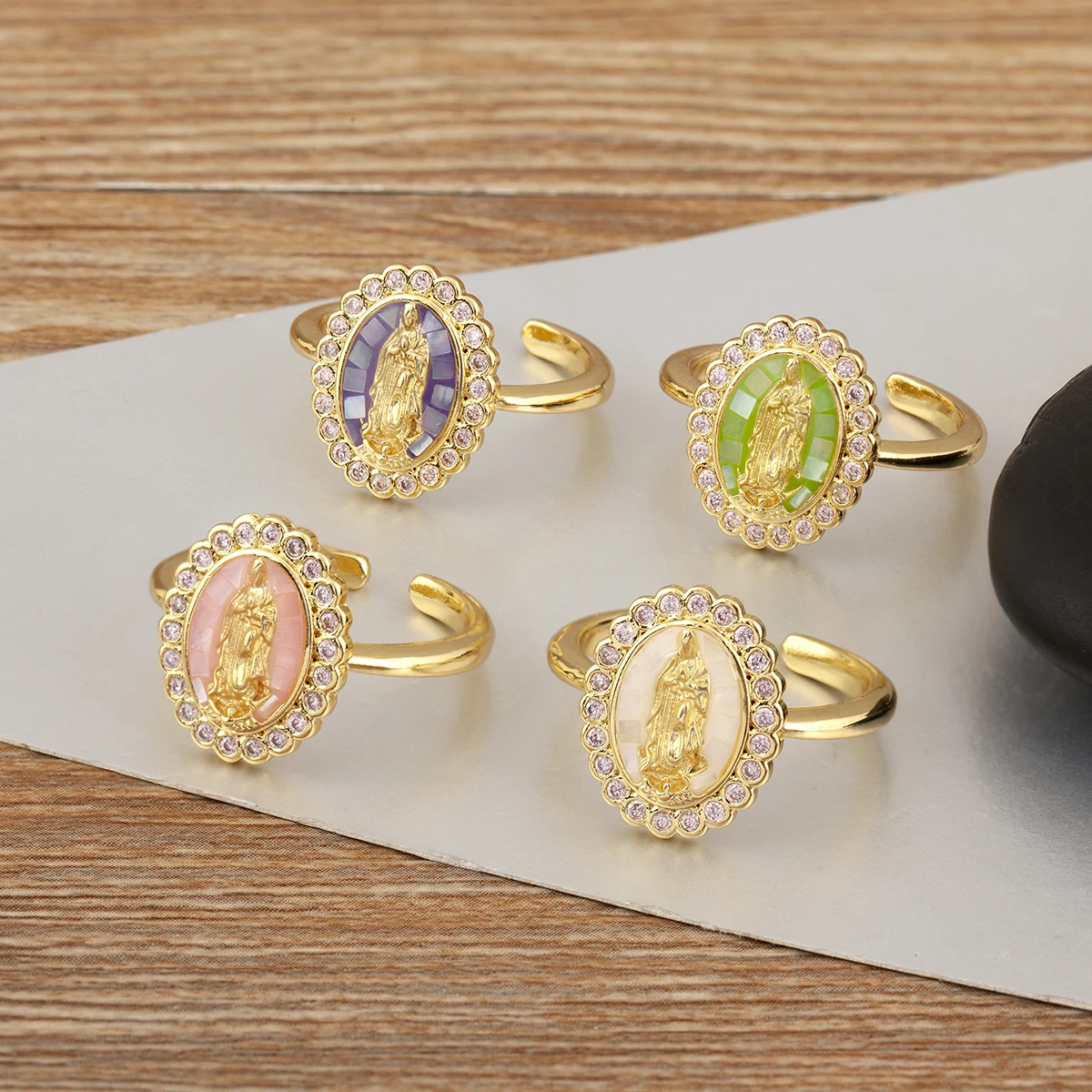 Nidin High Quality 4 Colors Oval Shape Virgin Mary Open Rings Adjustable For Women Men Daily Party Crystal Zircon Finger Jewelry