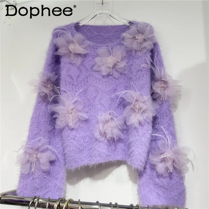 

Sweet Feather Knitted Sweater 2024 Autumn and Winter New 3d Flower Design Top Temperament Long-sleeved Round Neck Sweater