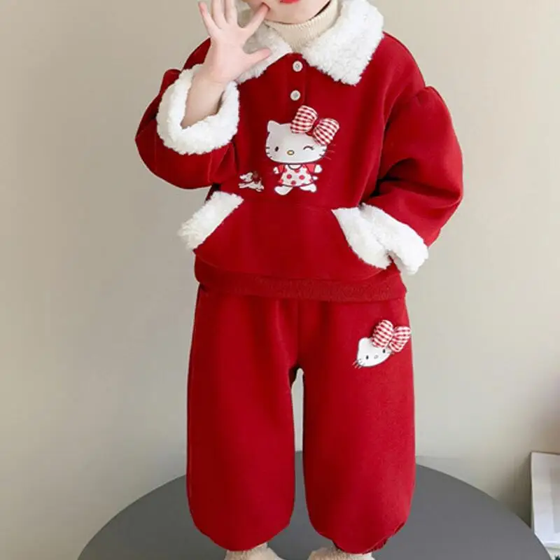 سانريو مرحبا كيتي رشاقته هوديي قطعتين مجموعة فتاة الشتاء بلايز السراويل الطفل Kawaii أنيمي الكرتون موضة ملابس كاجوال جديدة
