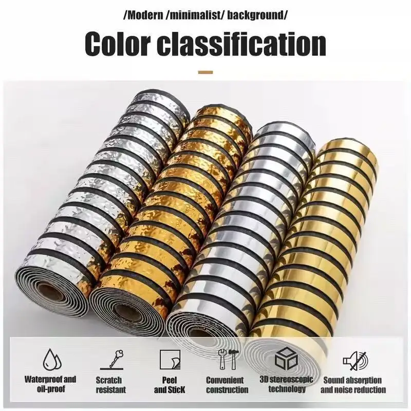 

60x300cm Roll Mirror Geometric Grille Self-Adhesive Wall Panel Gold Silver -3D Textured Accent Wall for Living Room Home Theater