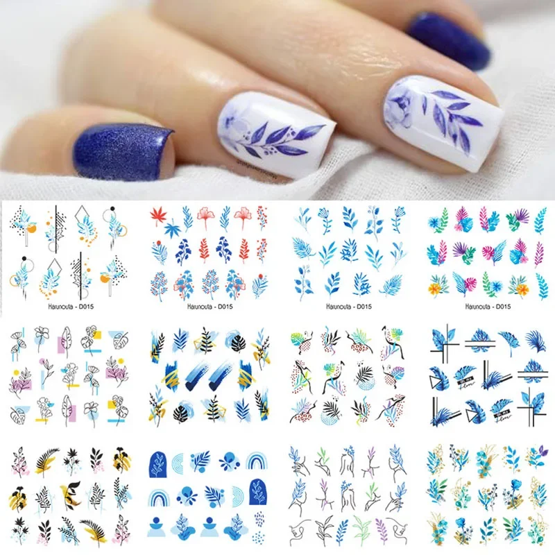 Blue Leaves Love Heart Flowers Water Sliders for Nails - Nail Transfer Stickers Set