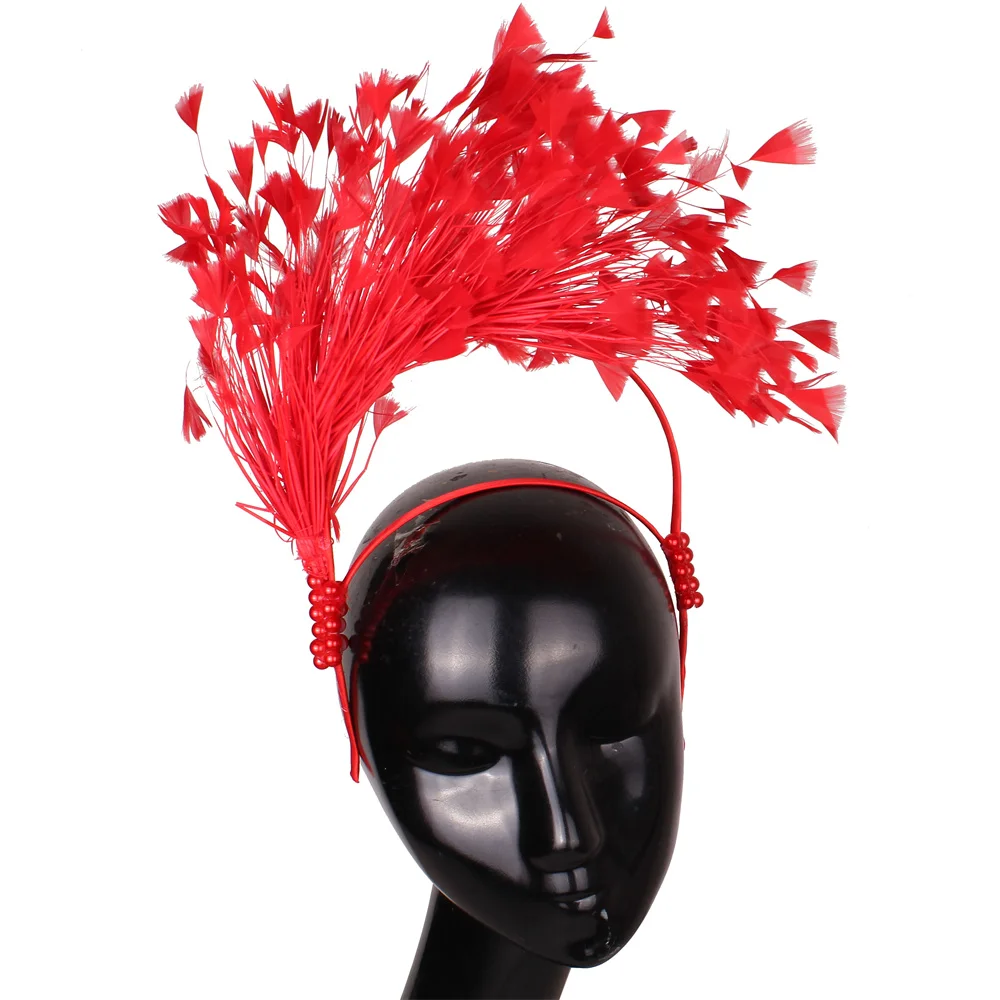 Princess Cocktail Thick Headbands Feather Fascinator New Red Women Gorgeous Headwear with Brooch Decor Fashion Hair Accessories