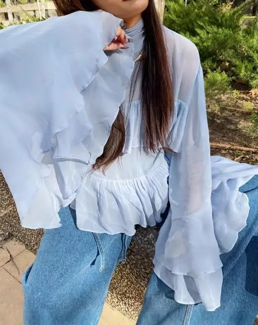 Women Blouse 2025 Spring New Blue High Neck Temperament Trumpet Sleeves Ruffled Casual Long Sleeve Women's Shirt Top