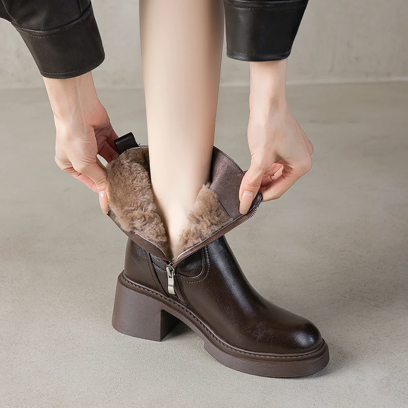 2026 new autumn winter women ankle boots natural leather plus size 22-25cm split leather+wool thick heel side zip short boots