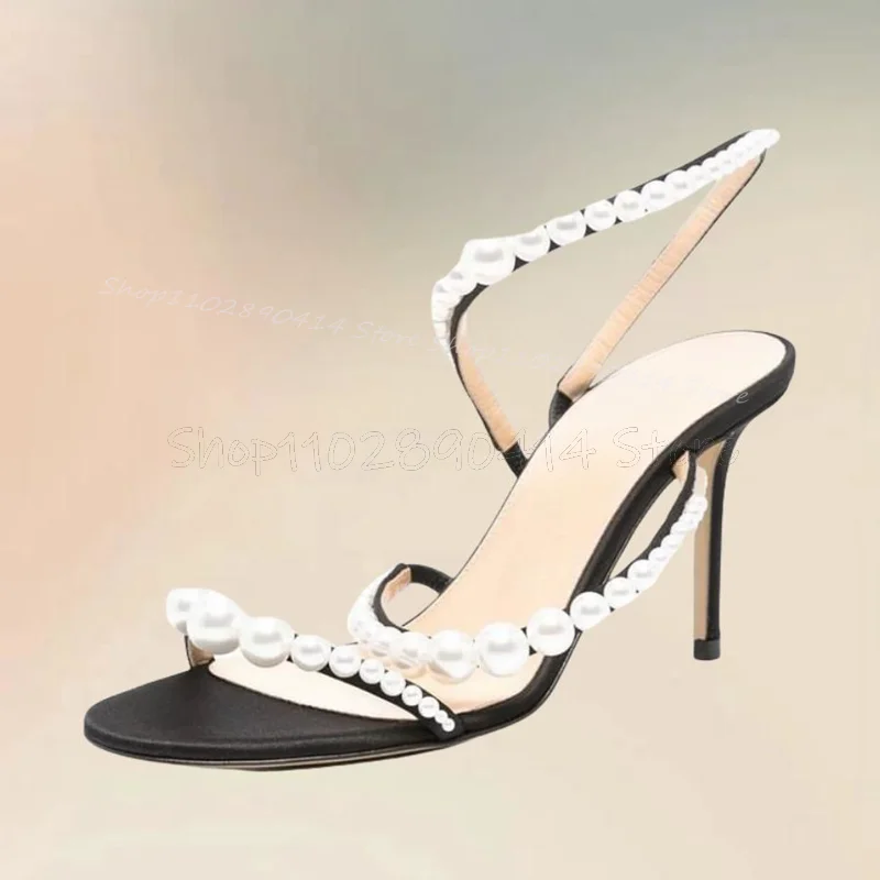 

White Pearl Decor Black Open Toe Sandals Slip On Women Shoes Thin High Heels New Fashion Party Banquet 2024 Zapatos Para Mujere