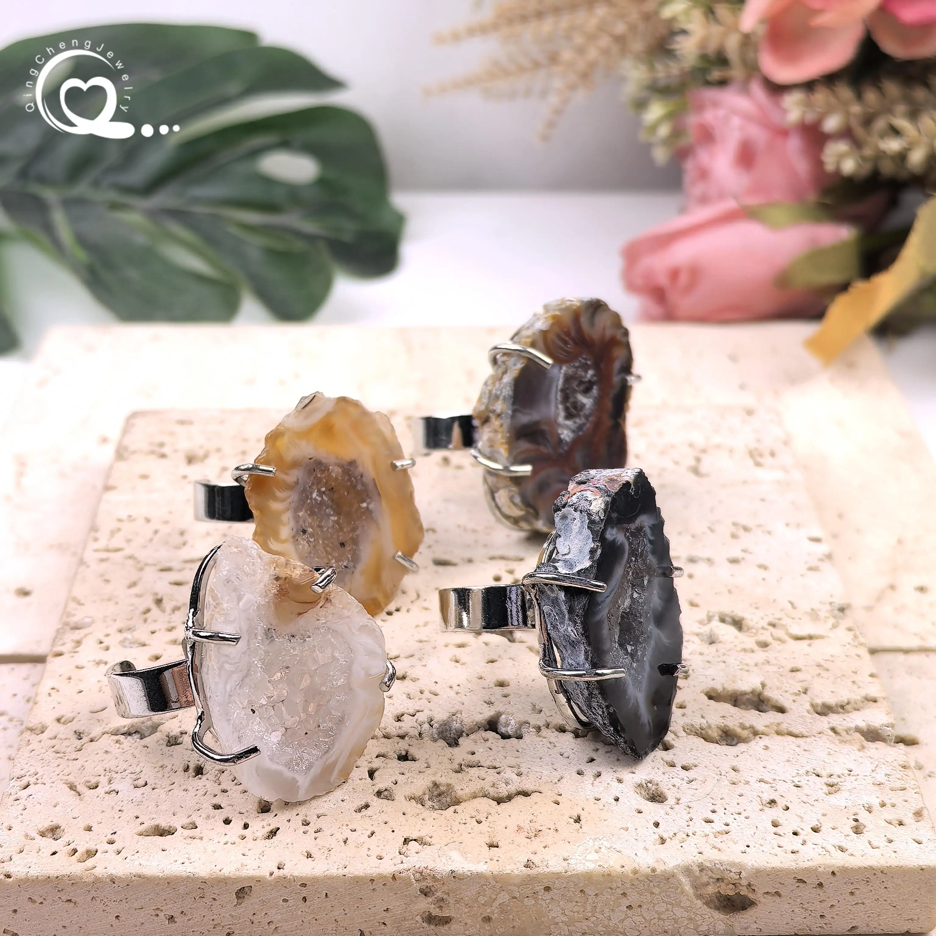 Natural Agate Geode Ring Healing Crystal Quartz Druzy Drusy Slice Slab Adjustable Ring Women Fashion Jewelry Dropshipping,QC4242