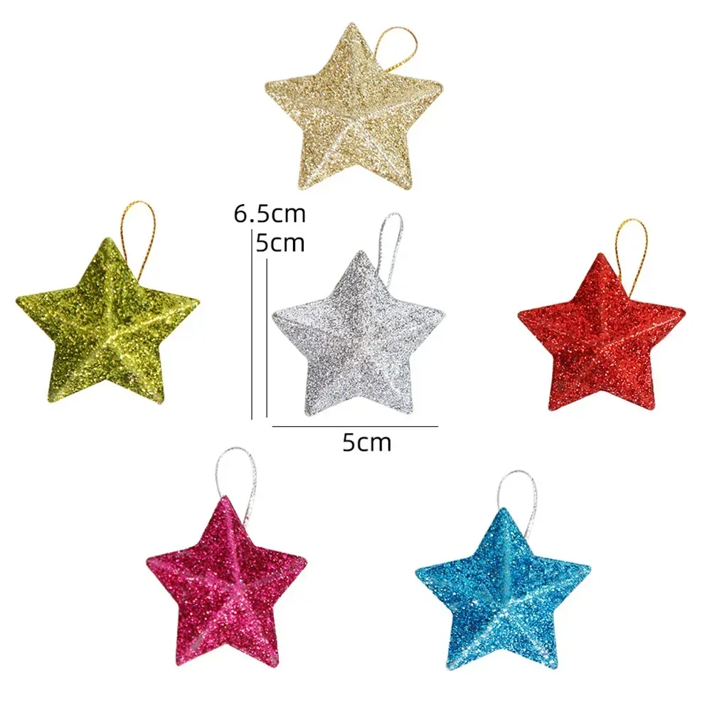 6 Pcs Glitter Star Pendant Christmas Tree Hanging Ornament Craft 5cm Plastic For Birthday Party Home Decoration Accessories