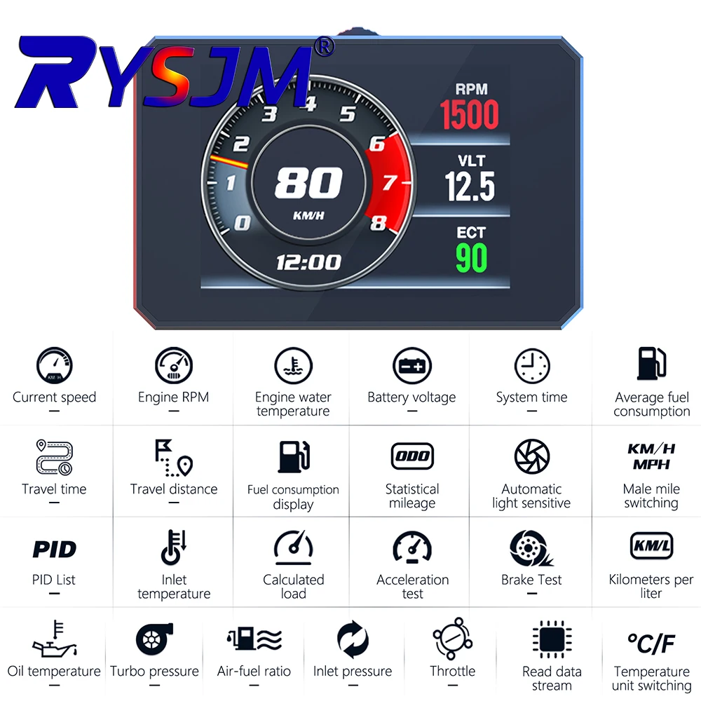 P16 Car HUD OBD2 LCD Meter Head Up Display Speedometer KMH,MPH Tachometer Water Temp Fuel Consumption Turbo Pressure