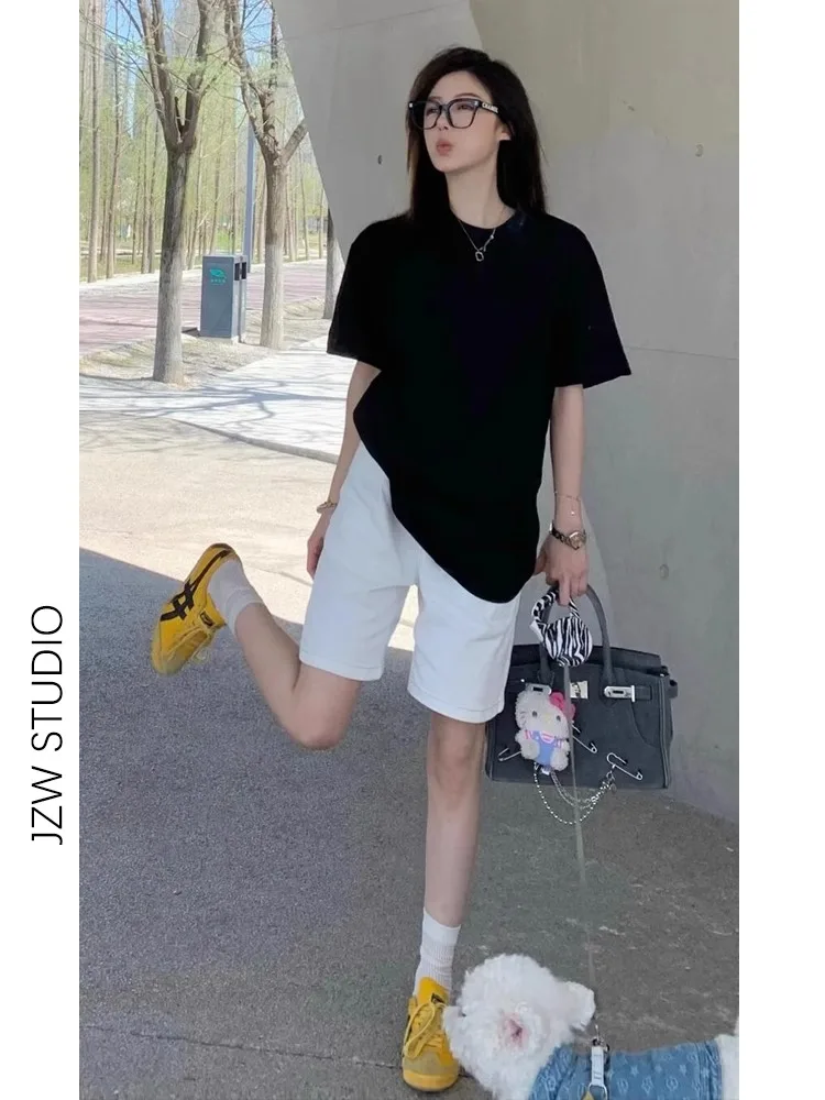 Loose Casual Pregnancy Pants Suits Summer Maternity Clothes Set Short Sleeve Black Cotton T-shirt with Knee-length White Jeans