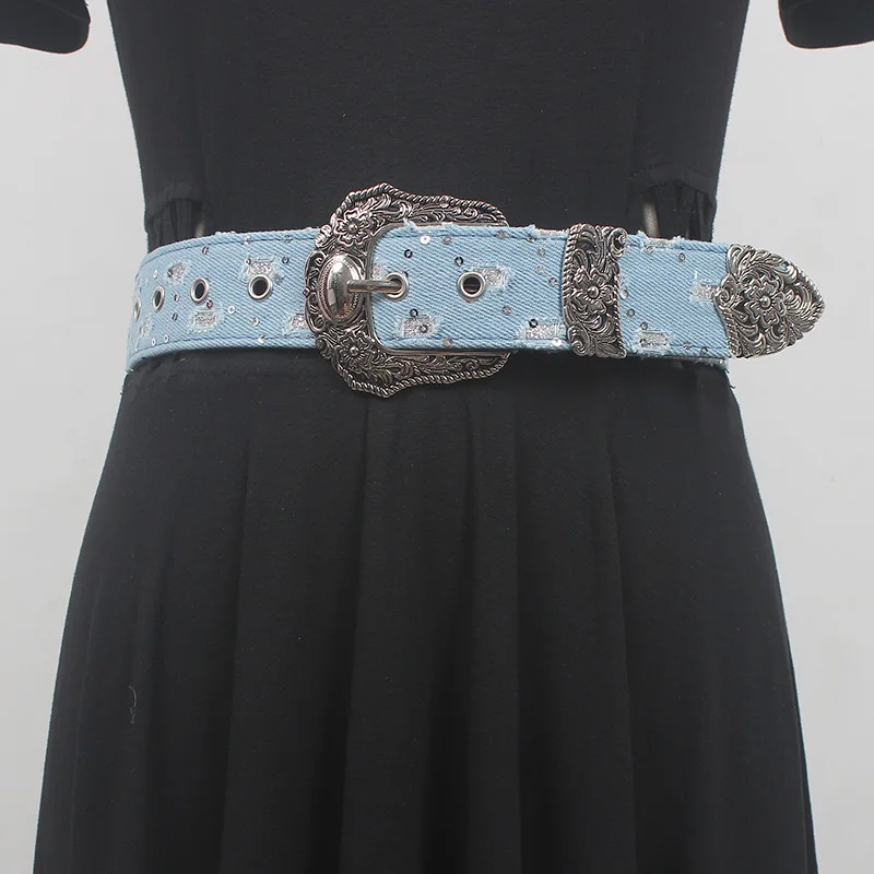 

Vintage Metal Curving Buckle PU Waist Belts Women Black Blue Denim PU Waistbands Star Pattern Hole Rivet Corset Strap Ceinture