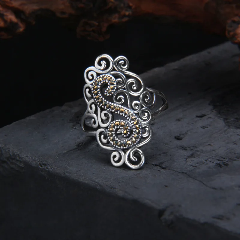 Hollow 29MM Women Exaggerated Large S Letter Rings 990 Glossy Silver Jewelry Marcasite Music Note Finger Ring Thai Silver Bijoux