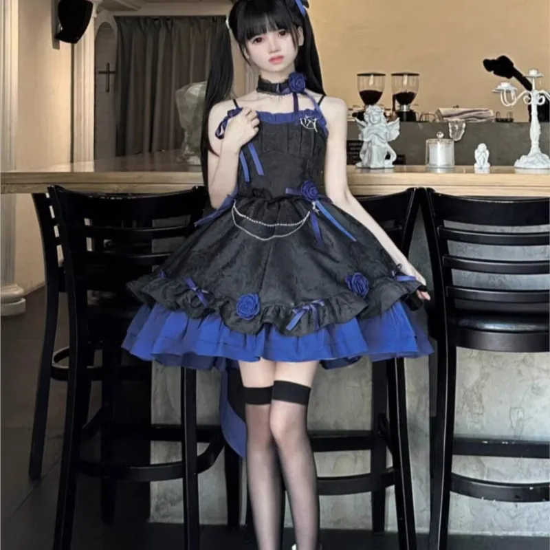 

Black and Blue Gothic Style Romantic Dress Puffy Trailing Heavy Work