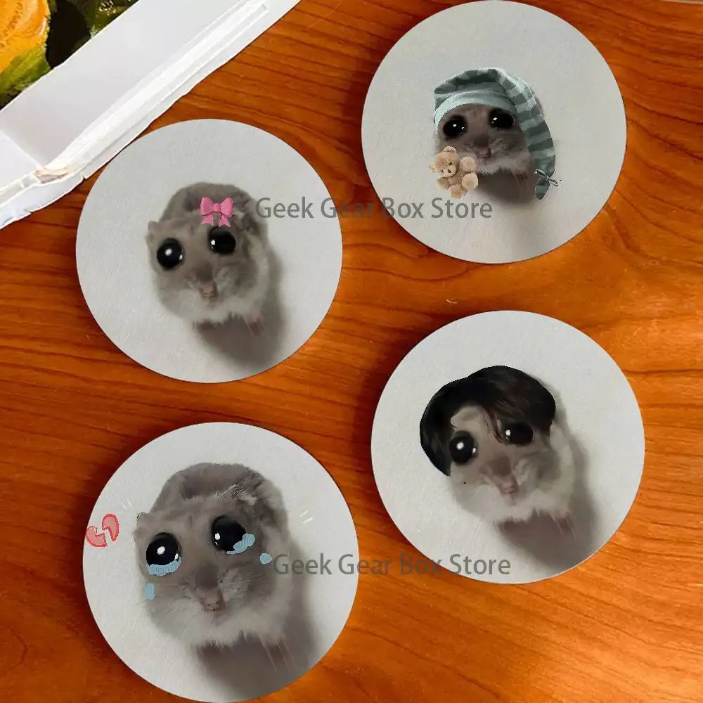 

Funny Sad Hamster Meme Wood Coaster Set - Heat Resistant For Tea & Coffee, Home Cafe Decor Holiday Gift