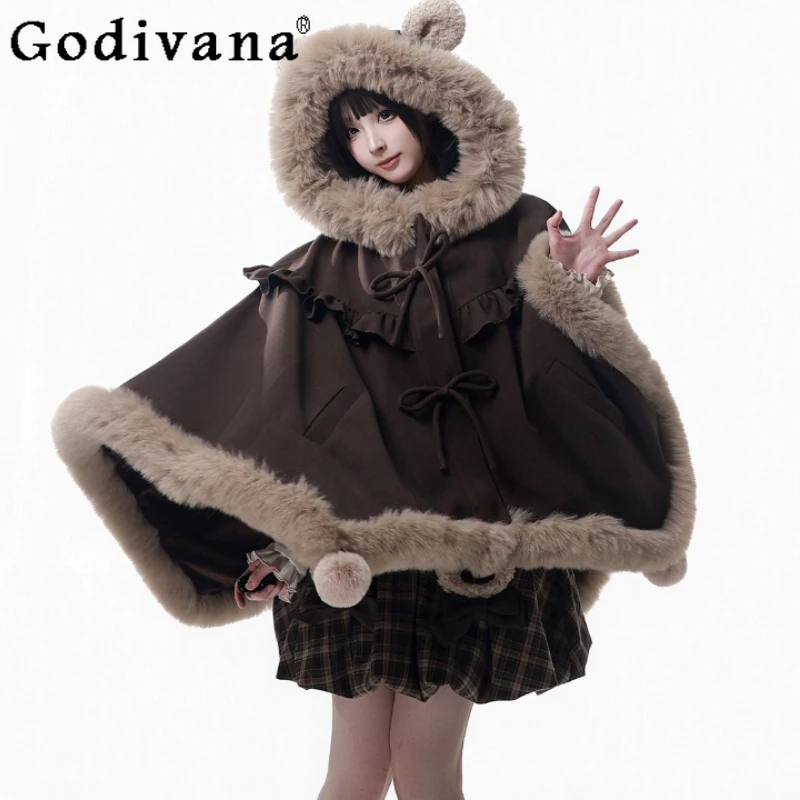 

Original College Style Hooded Cloak Autumn Winter Student Sweet Cool Loose Plush Warm Shawl Cloak Plaid Strap Skirt Shirt Set