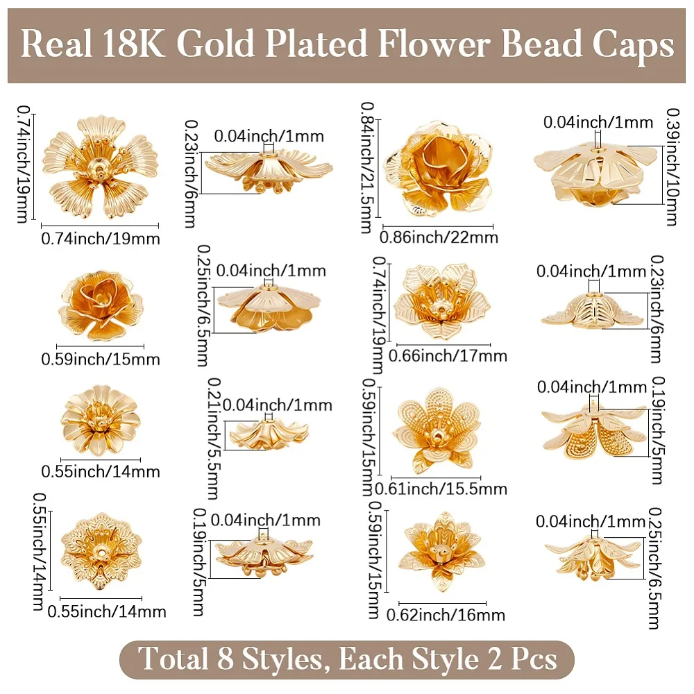 16 Peças 8 Estilos de Tampas de Contas de Latão em Formato de Flor, Sem Níquel, Banhadas a Ouro 18K Real, 14~21.5x14~22x5~10mm, Furo: 1mm, 2 peças/estilo
