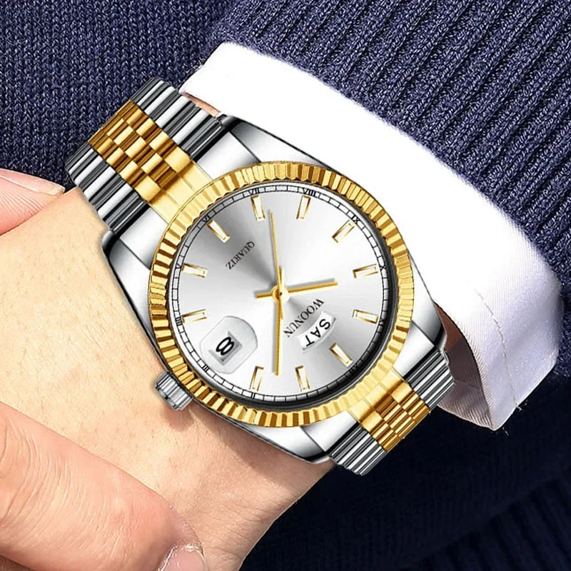 Fashion Luxuy Gold Watches Men Diamond Watches Silver Stainless Steel Band Day Date Quartz Wristwatches Relogio Masculino 2023