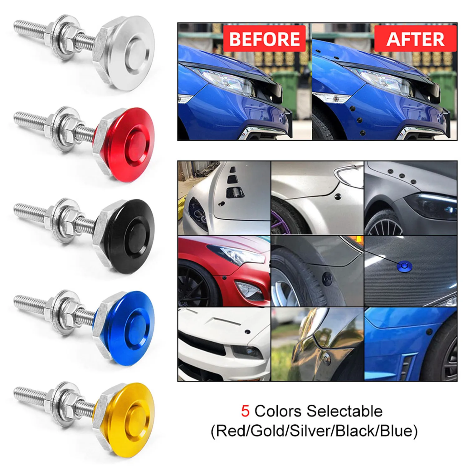 Kit Fermo Cofano Universale 22 Mm A Sgancio Rapido, In Alluminio E Acciaio, Per Auto, Nero, Senza Foratura