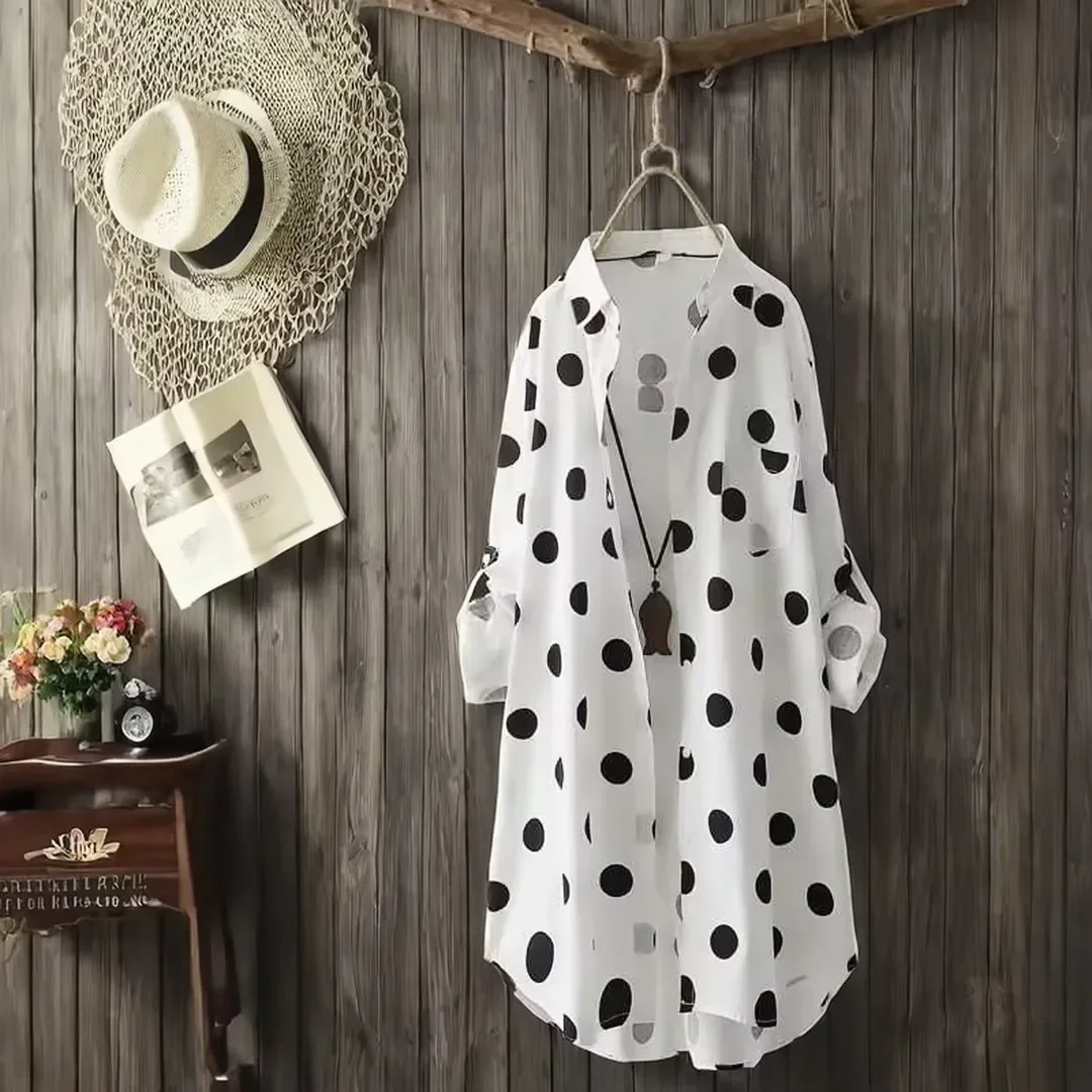 Plus Size Polka Dot Long Sleeve Shirt Classic Button Front Design Stylish Women's Comfortable Casual Wear New Style