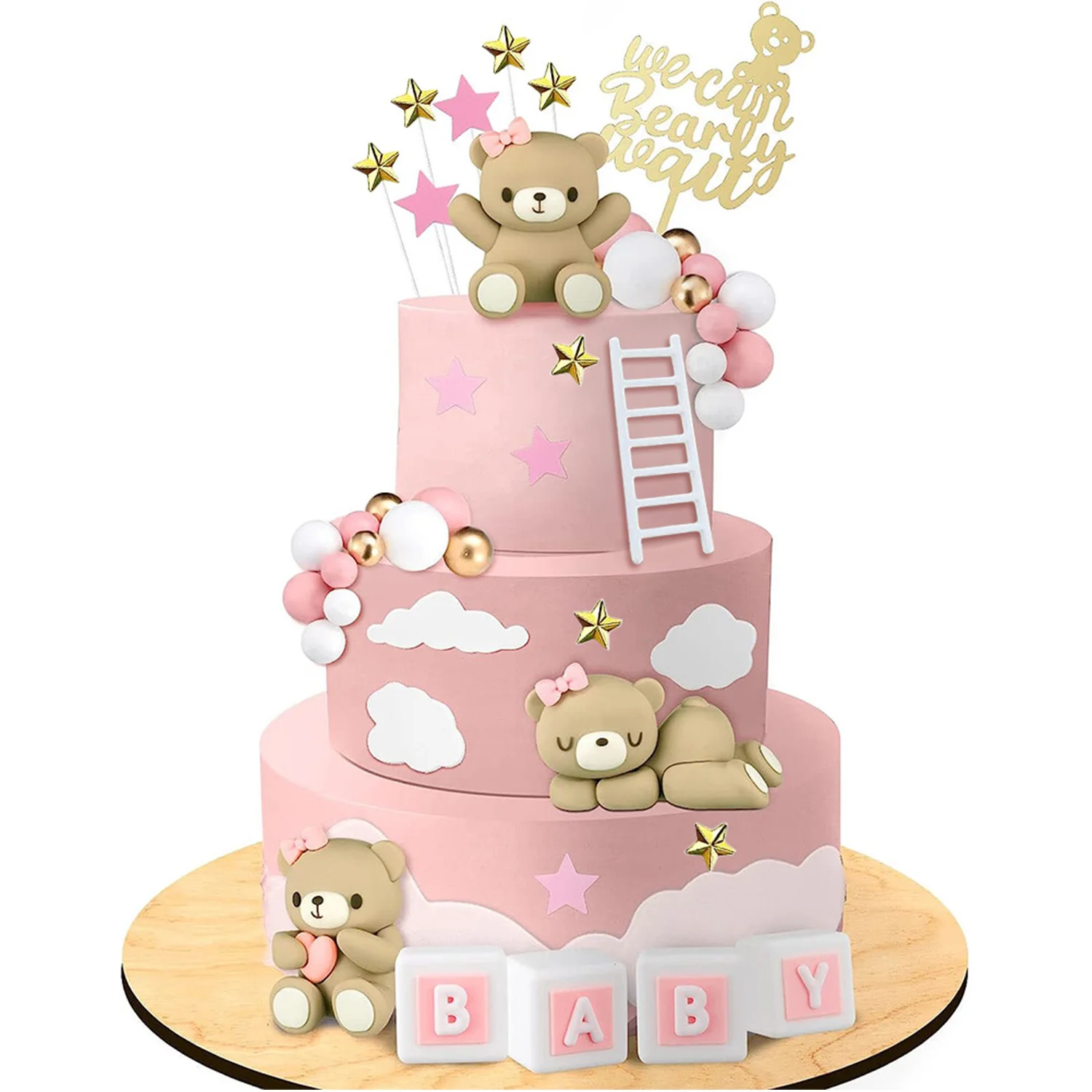 Rosa Bär Kuchen Topper Mini Bär Kuchen Dekorationen Kuchen Topper Gold Weiß Rosa Perle Ball Stern für Geburtstag Party Dekorationen