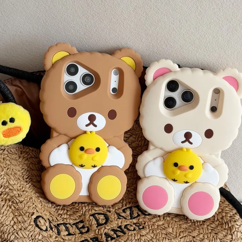 Silikonowe etui na telefon 3D Rilakkuma Bear Hugging Duck, miękkie, odporne na wstrząsy, urocze etui z kreskówkowym motywem dla iPhone 17 17Pro 16 15 14 13 Pro Max — zdjęcie produktu 6