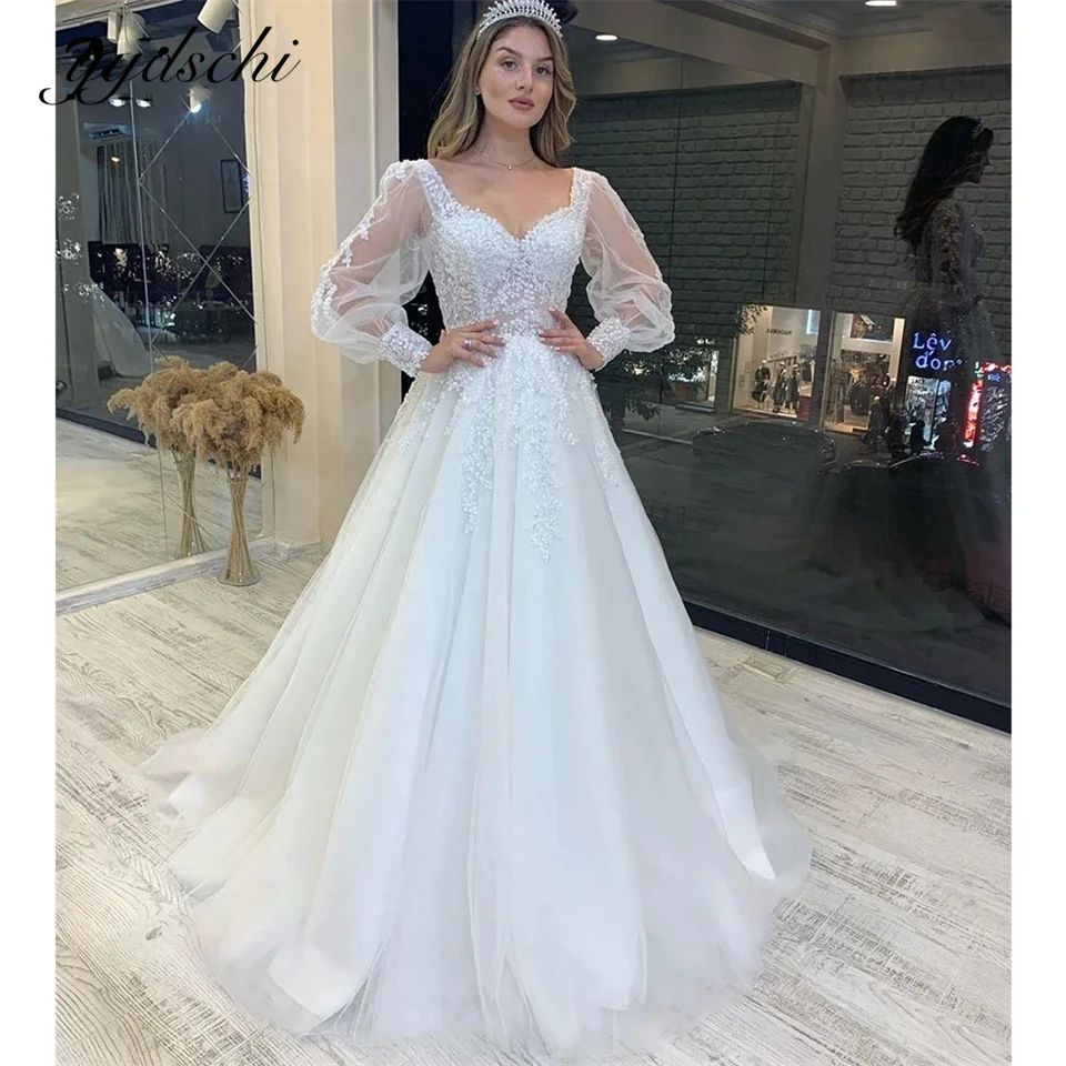 Customized Tulle Appliques Lace V-neck Full Sleeves 2024 Wedding Dresses for woman Sweep Train Evening Dress Vestidos De Noiva