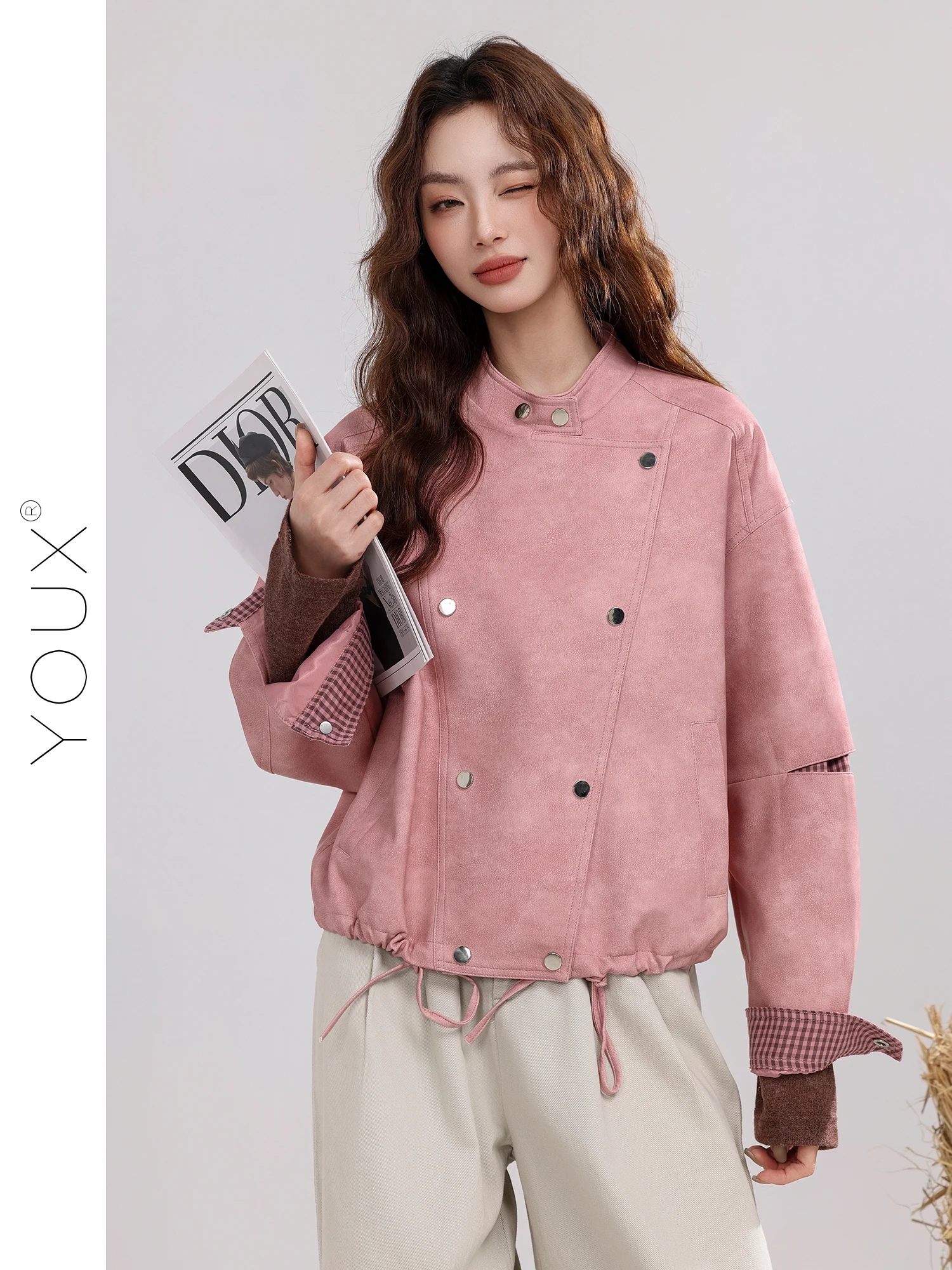 Merchinc スノープラム スタンドカラー モーターサイクルスタイル スエード ショートジャケット 2025年秋新作 チェック柄レザーコート レディースファッション