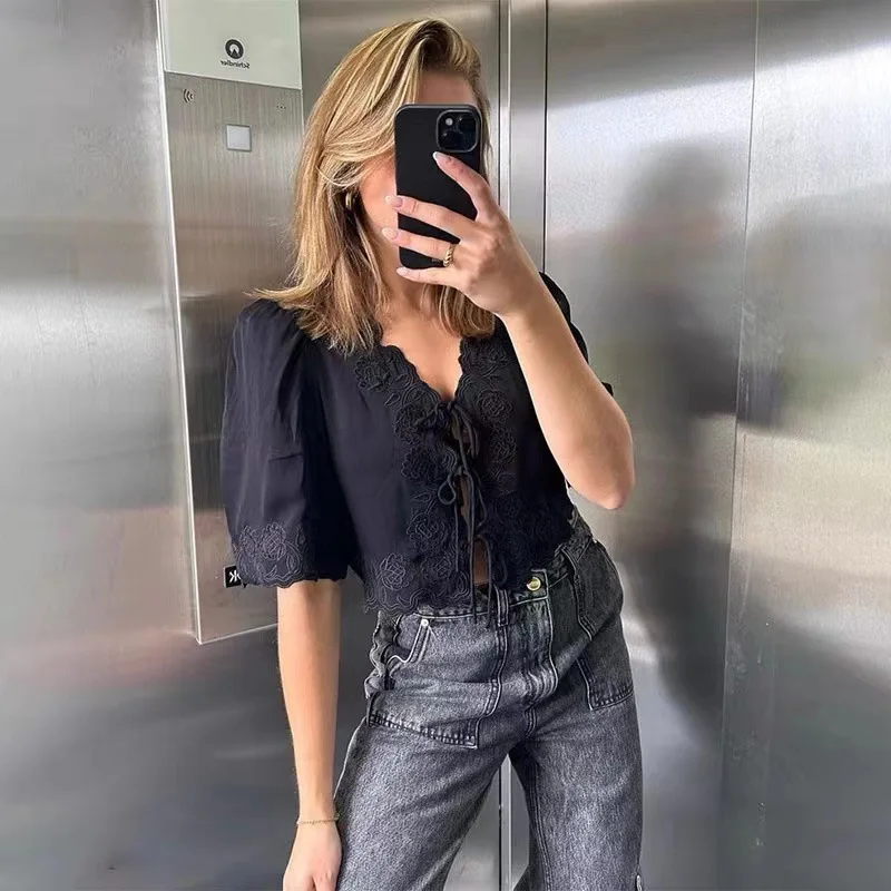 Sezanes 2025 Fashion T-shirt Short Sleeve French Summer New Delicate Embroidery Hollow Lace V-Neck Tie Cardigan Top Ladies Shirt