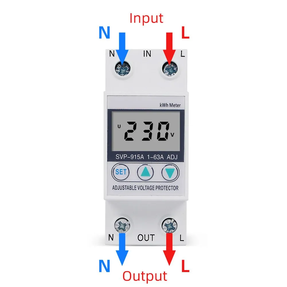 Adjustable Over Under Voltage Protector 63A Self Restoring Circuit Breaker With LCD Power Display For Home Appliance Safety Devi