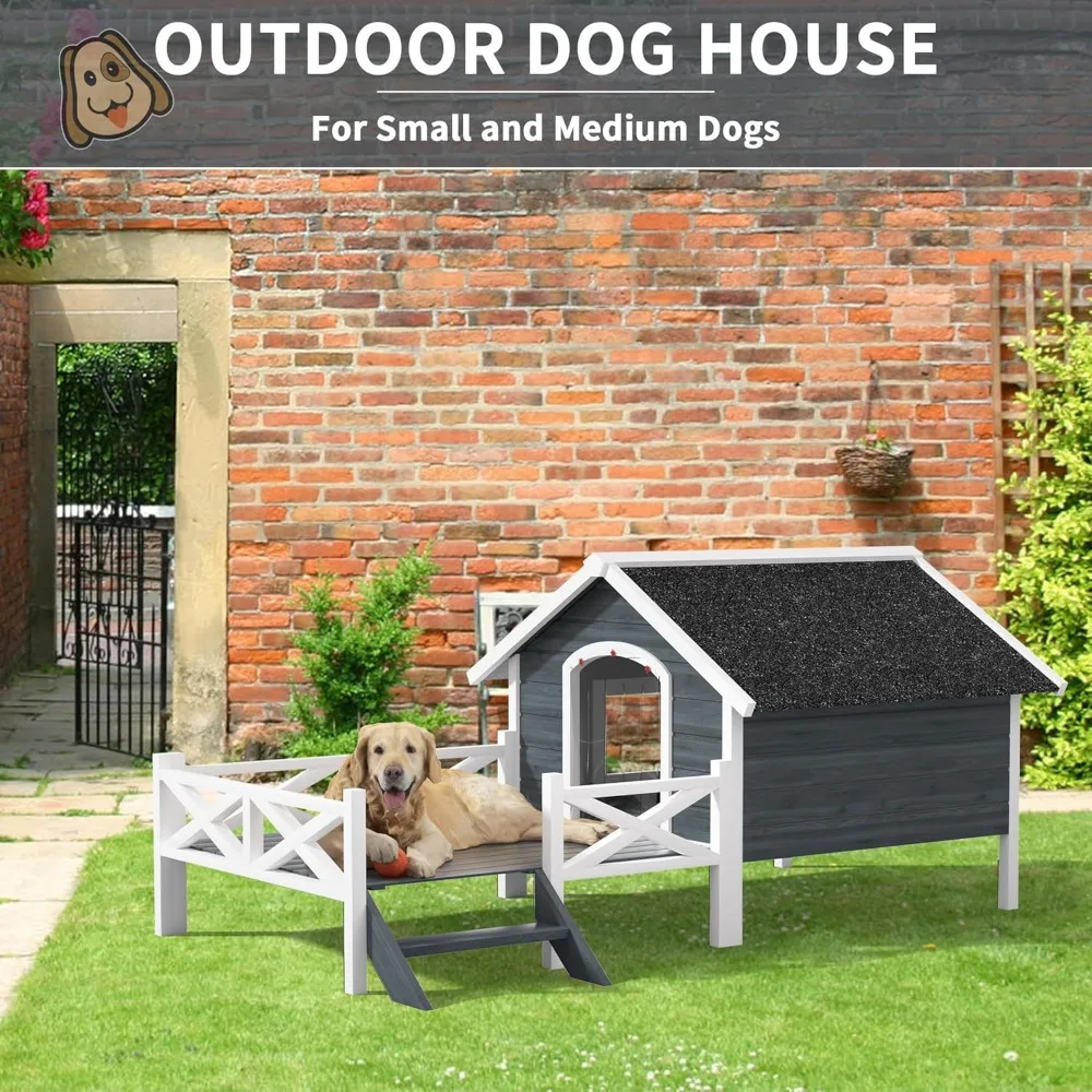 Large Outdoor Dog House with Porch, 67 Wooden Dog House Weatherproof for Outside, Waterproof Asphalt Roof and Outdoor Material