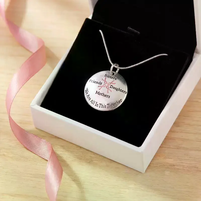 Breast Cancer Awareness Pink Ribbon Sisters Friends Daughters Mothers We Are In This Together Charms Snake Chain Necklace