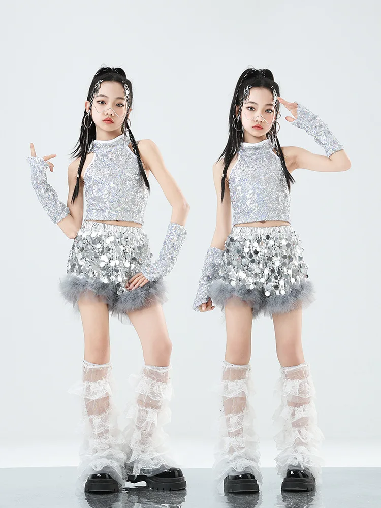 Girls Silver Sequin Hip Hop Costume Crop Top Sequin Top Short for Kids Jazz Clothes Street Dance Stage Sets