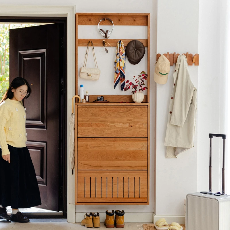 

Solid wood ultra-thin tipping bucket shoe cabinet, entrance to the home at the door, upper wall, entrance cabinet with coat rack