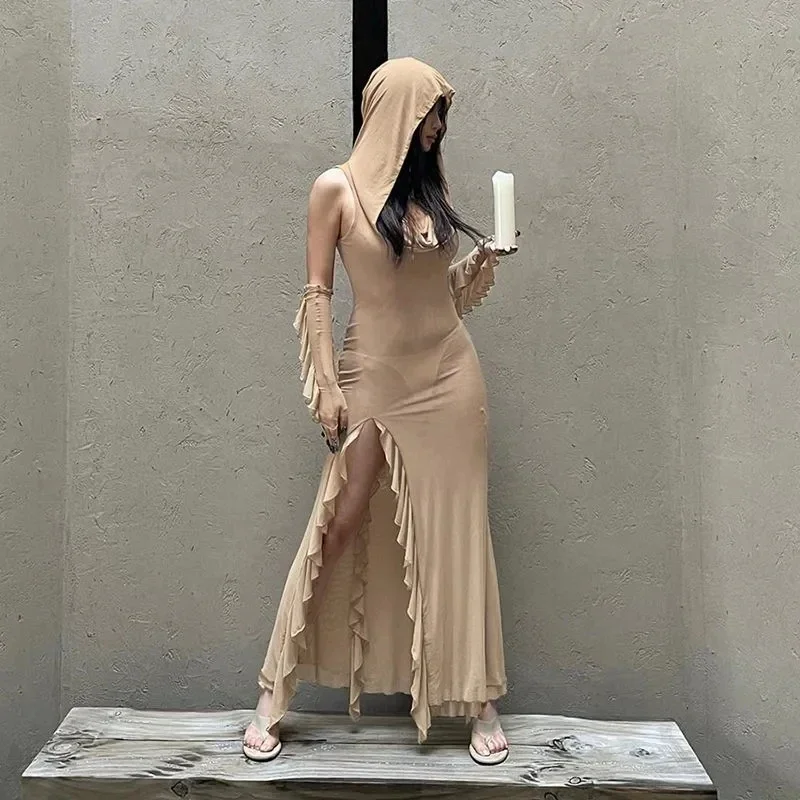 Female Sexy Split Long Mesh Dress Supermodel Slim Temperament Hooded Dress Wandering Doomsday Wasteland Sheer Dresses Punk Party