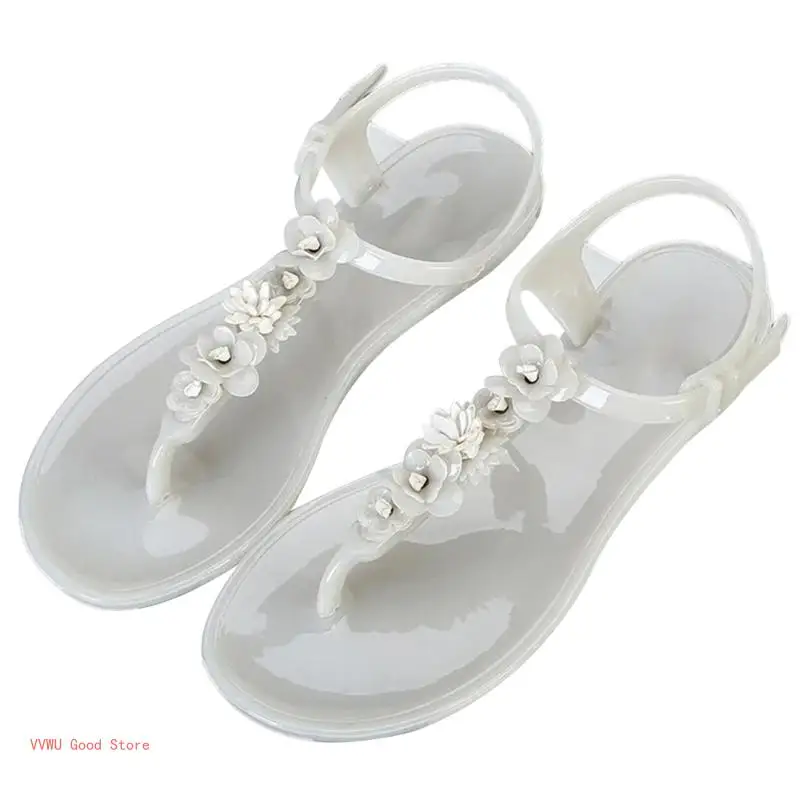 Sandali infradito con fiori bohémien da donna, infradito estivi in PVC con tacco basso da spiaggia