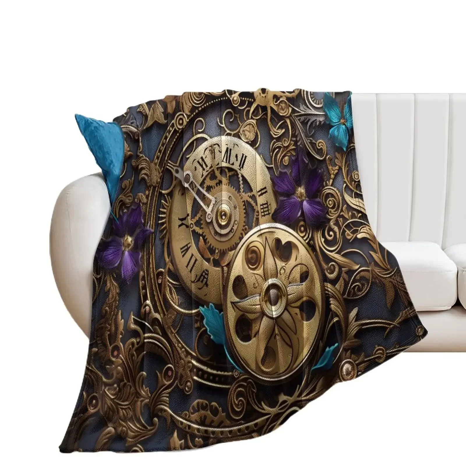 Steampunk Flowers and Rusty Clockwork with Dark Background Throw Blanket For Sofa Thin christmas decoration Blankets