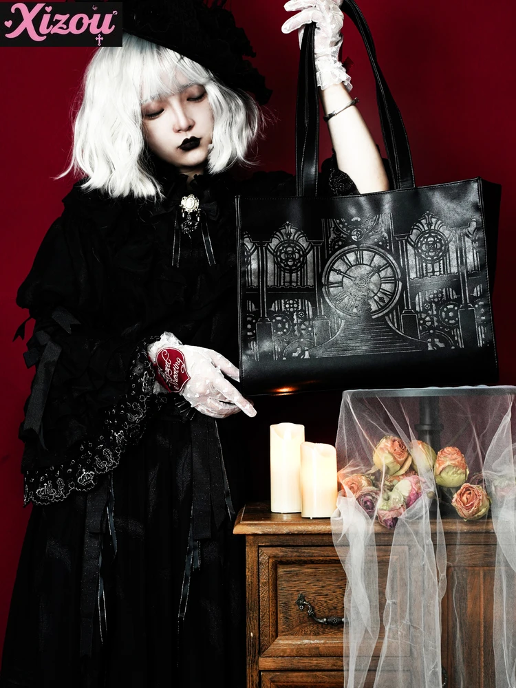Japanese Clock Tower Witch Dark Gothic Large Capacity Tote Bag Female Original Lolita Sweet Cool Handheld Shoulder Bags Women