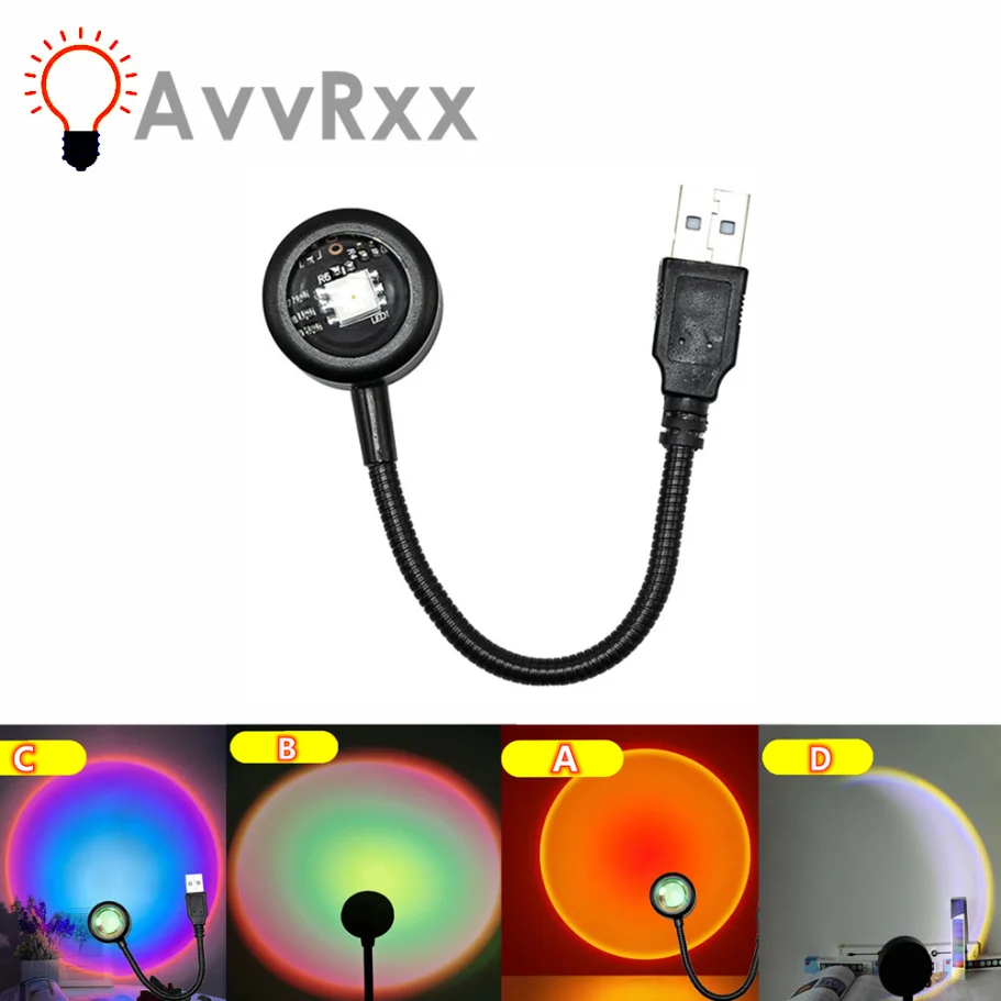 AvvRxx USB Sunset Lamp LED Rainbow Neon Night Light Projector Photography Wall Atmosphere Lighting For Bedroom Decoration