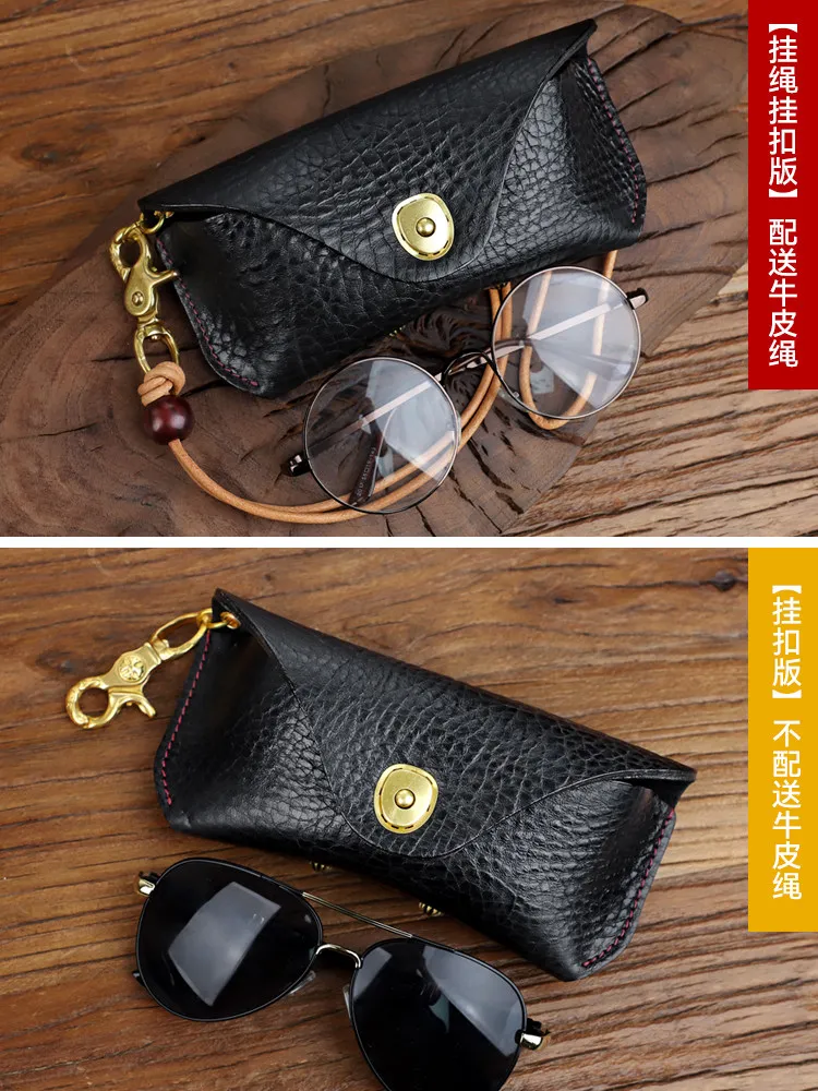 Manual Thickened Cow Leather Glasses Men and Women Top Layer Anti-Pressure Portable Lanyard Myopia Sunglasses Cover