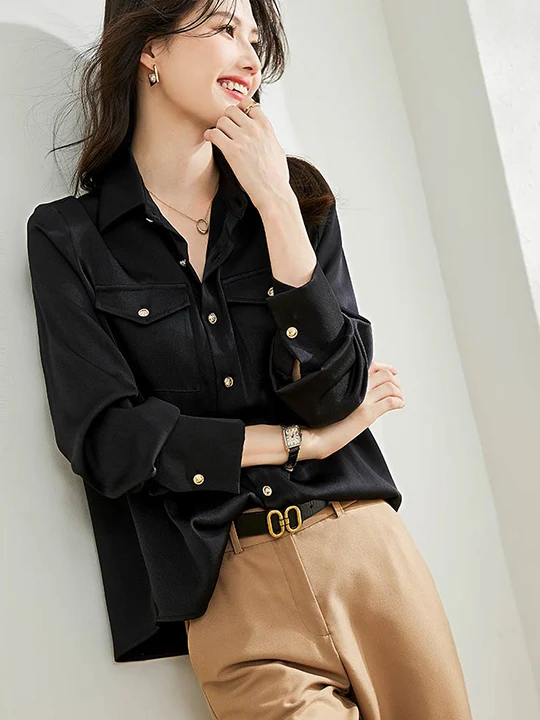 

Ele Bla Ацетатный атласный женский повседневный топ Faion Весна Осень Высококачественный универсальный длинный свеч из полиэстера...