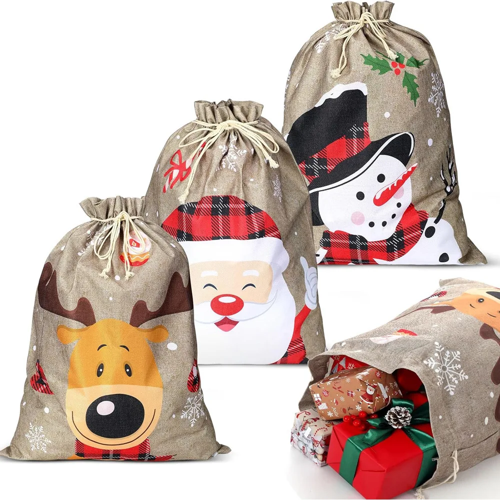 Große Weihnachts-Geschenktüte aus Leinen, Schneemann, Rentier, Weihnachtsmann, Tasche, Urlaub, Party, Dekorationen, Süßigkeiten, Snacks, Geschenkverpackung