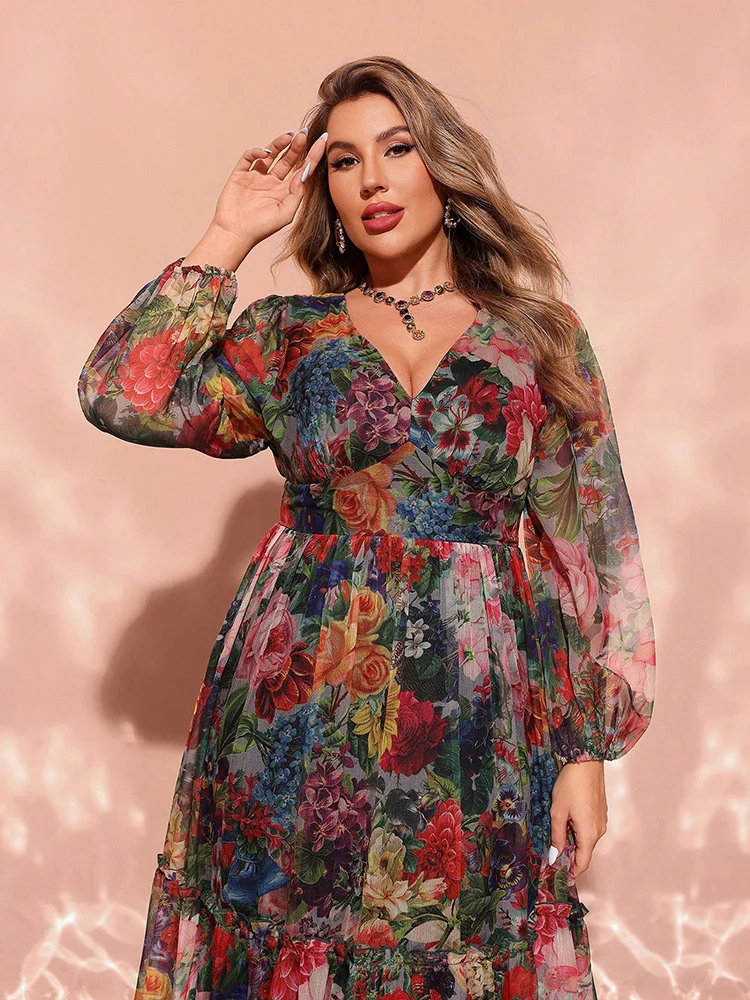 TOLEEN-Robe longue élégante à imprimé floral pour femme, tenue de soirée, col en V, manches lanternes, grande taille, nouvelle collection printemps