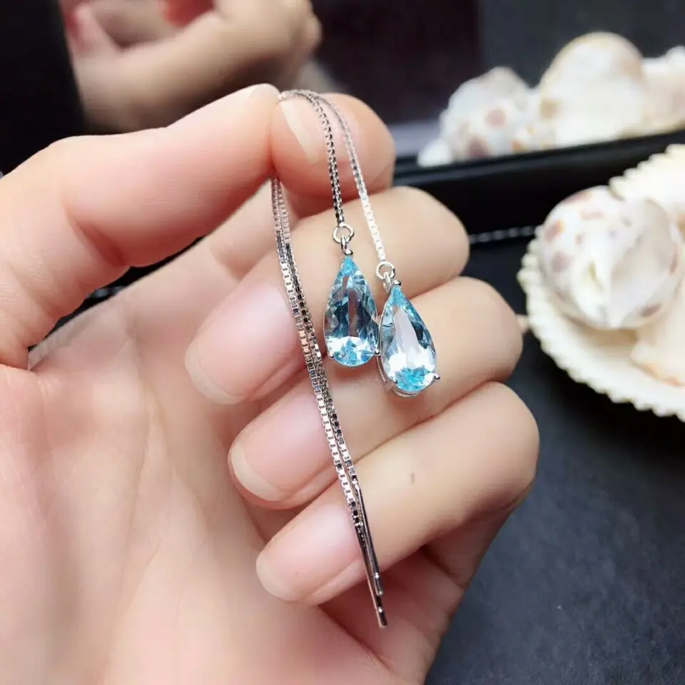 

MeiBaPJ 100% Real 925 Sterling Silver Natural Sky Blue Topaz Long Chain Drop Earrings Fine Charm Party Jewelry for Women