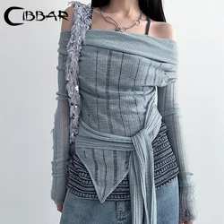 CIBBAR Autumn Off-shoulder Ripped Sweater y2k 2000s Bandage Irregular Women Jumpers Vintage Slash Neck Pullovers Knitwears Basic