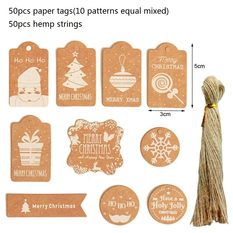 50pcs Christmas Design Kraft Paper Tag Xmas Tree Hang Label Merry Christmas New Year Gift Bags Boxes Wrapping Paper Tags Navidad