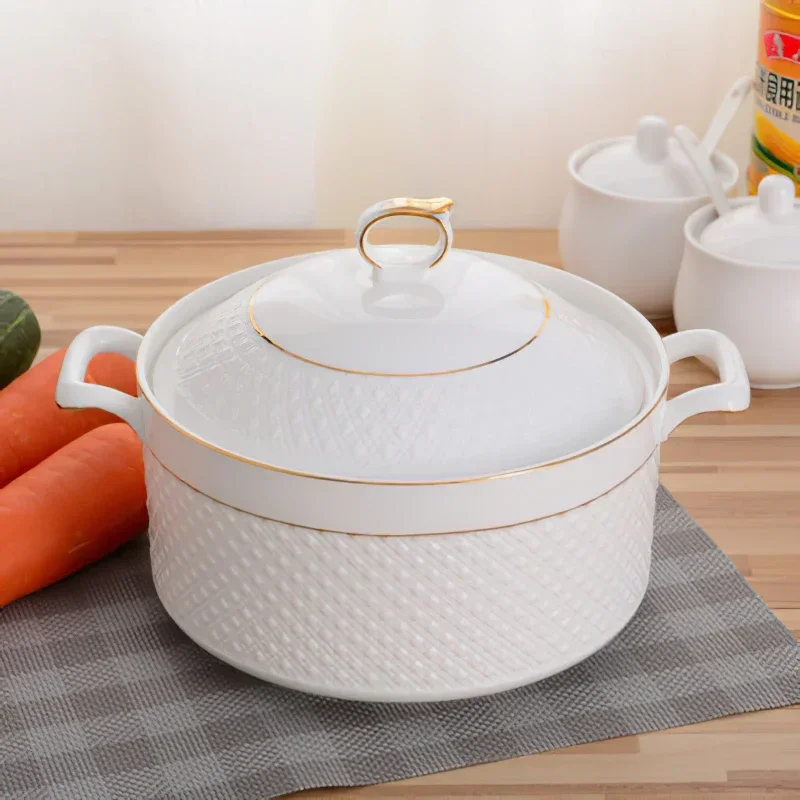 Ceramic Soup Pot Nordic Phnom Penh Pure Color Round with Cover Bowl Tableware Household Kitchen Supplies Cooking Utensils