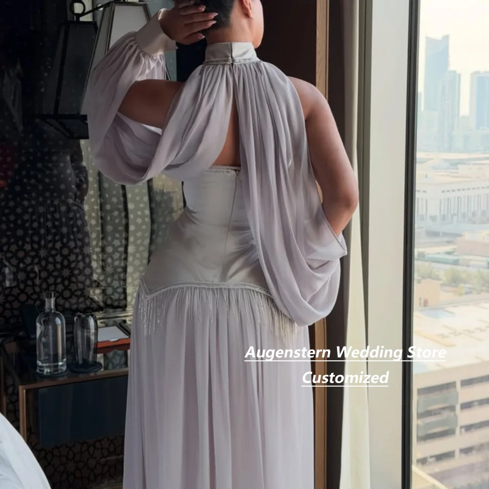 Customized Ivory Strapless Chiffon Mother Of The Bride Gown High Neck Cape Sleeves Tassels Wedding Guest Formal Party Plus Size