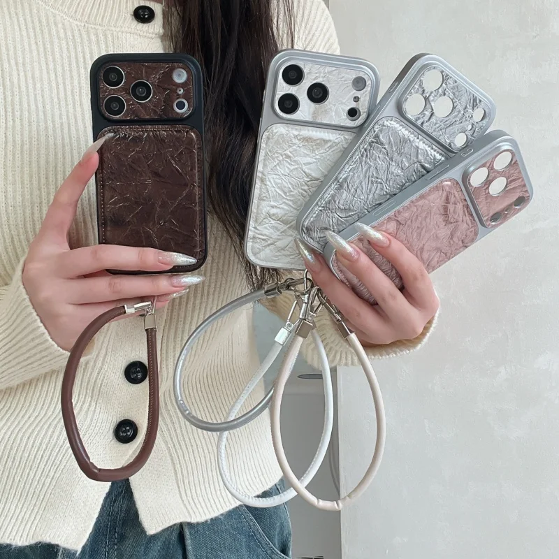 

Fashion Tinfoil Texture Phone Case For iPhone 17 Pro 16 15 14 Pro Max Cover with Hand Rope Cute Protective Cases Shockproof Fund
