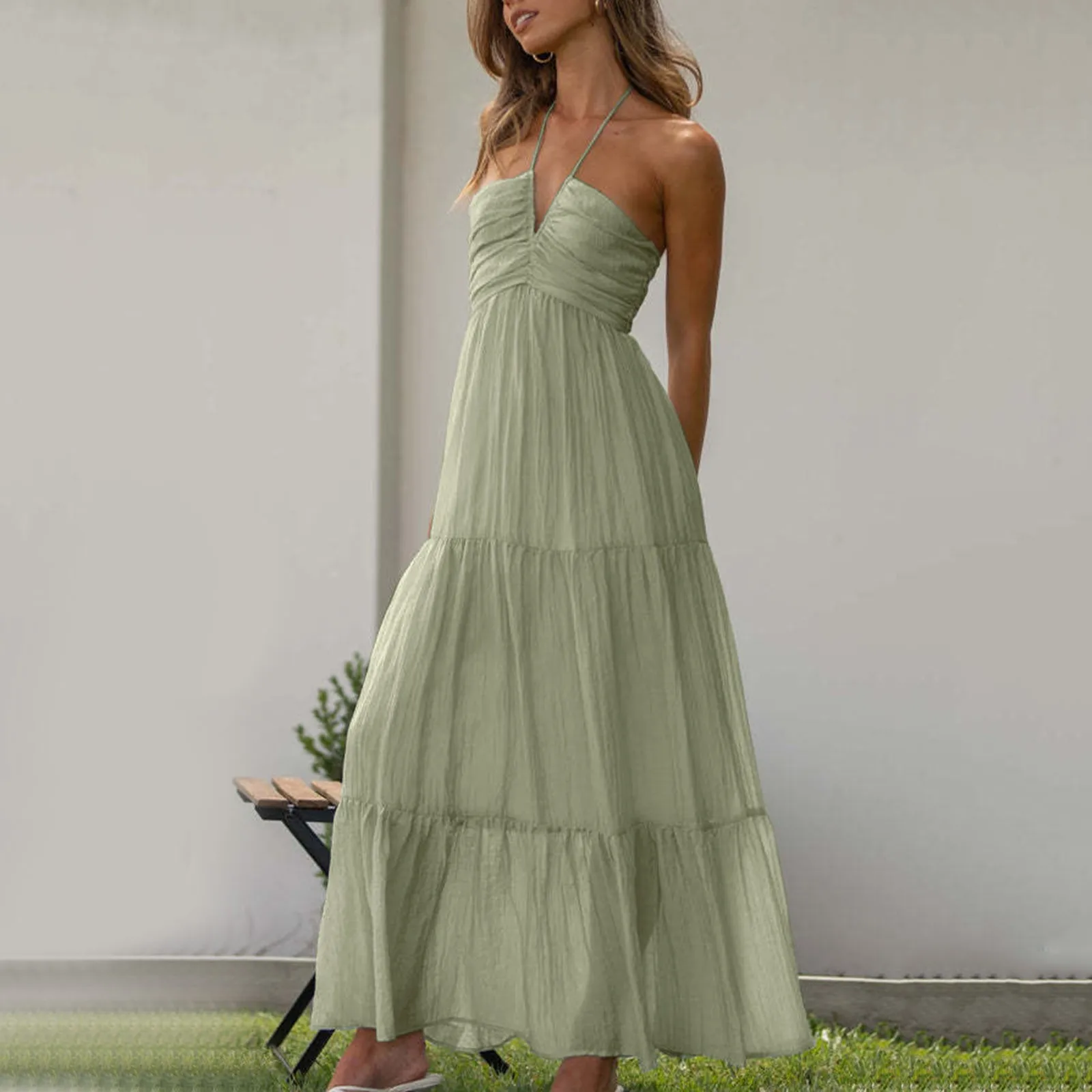 

Women's Chiffon Dress Halter V Neck Sleeveless Solid Color Spaghetti Strap Chic Backless Casual Tiered Long Beach Maxi Dresses