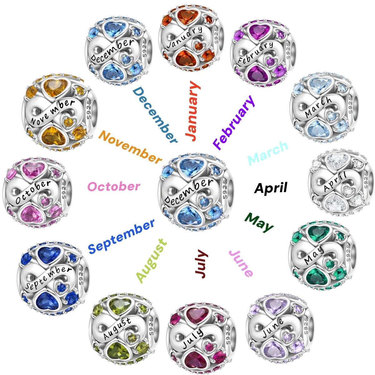 

925 Sterling Silver Heart Birthstone January to December Bead Original Pendants Bracelet Necklace Charm Party Birthday DIY Gifts