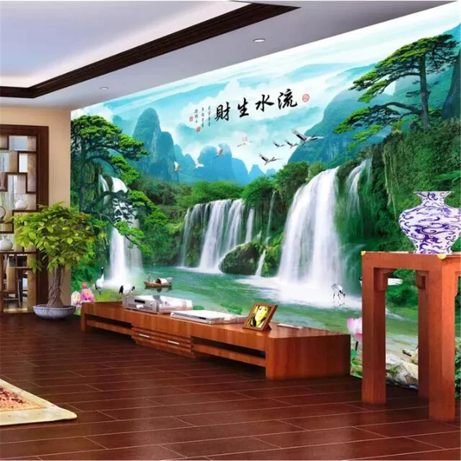 Custom wallpaper 3d mural Chinese painting Landscape Water Flow Choi backdrop wall production rockery water stone waterfall art